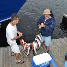 a group of people standing around a table
