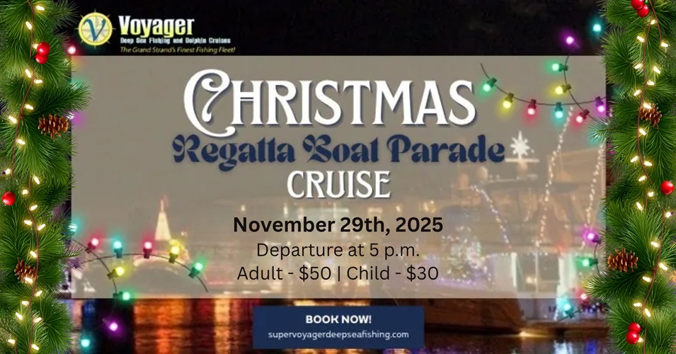 Christmas Regatta Boat Parade Cruise poster with lights and pine decorations, event on Nov 29th, 2025.