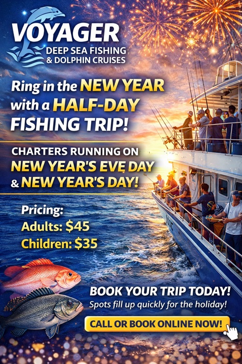 Voyager fishing trip ad with boat, fireworks, fish images, and trip details for New Year's.