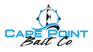 Logo with lighthouse, compass, and text 'Cape Point Bait Co.' in blue and black.