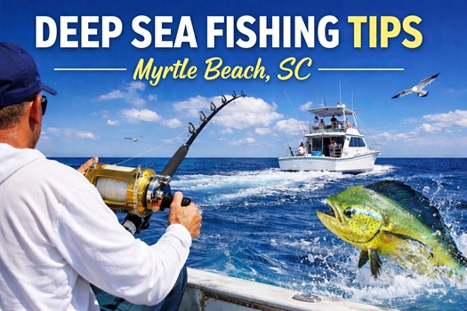 Angler fishing near a boat in ocean with fish jumping, seagulls flying, text overlay: Deep Sea Fishing Tips.