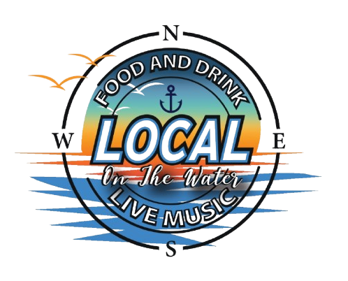 Logo with 'Local On the Water,' compass design, sunset, and birds, promoting food, drink, and live music.