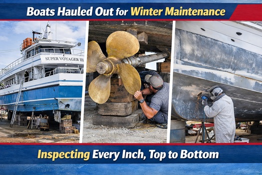 Three images show boat repair: a ship, propeller inspection, and hull grinding with text about winter maintenance.