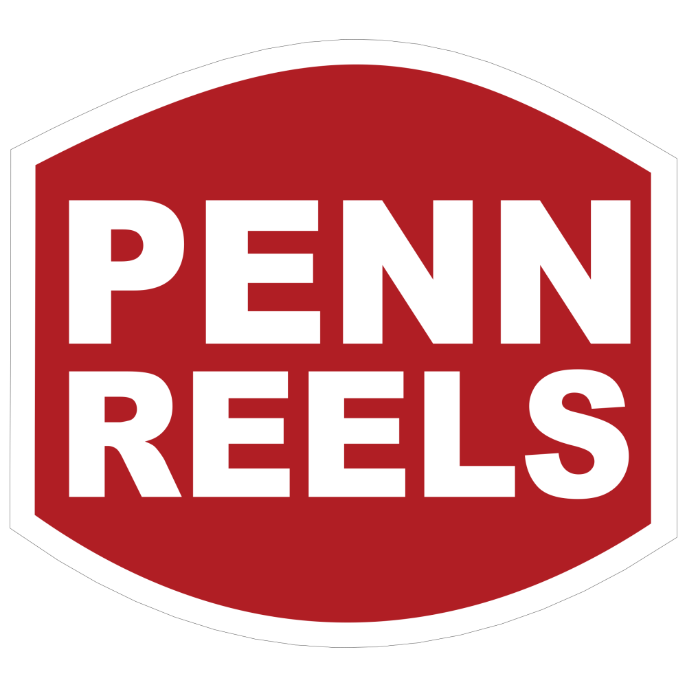 Red shield with white text 'PENN REELS' in bold capital letters.