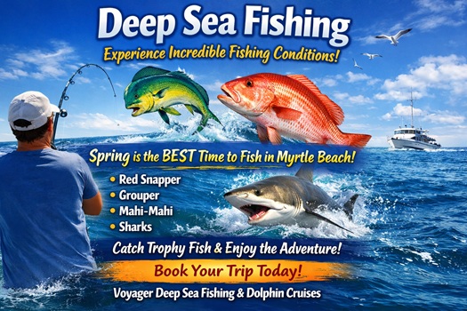 Deep sea fishing in Myrtle Beach SC Man fishing in ocean with fish and shark images; advertises deep sea fishing at Myrtle Beach.