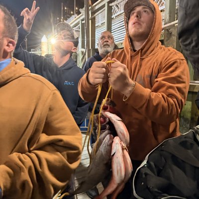 People on a dock at night, one holding fish on a rope, looking upwards.