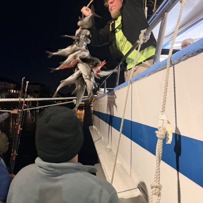 Man on boat holding up a large string of fish at night.