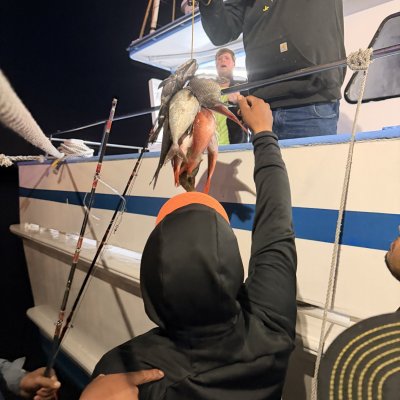 People on a boat holding a line with multiple fish at night.