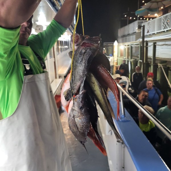 Man holds multiple fish on a boat with people in the background at night.