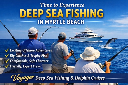 Deep sea fishing in Myrtle Beach SC Men fishing on boat with dolphin jumping; reads 'Time to Experience Deep Sea Fishing in Myrtle Beach.'