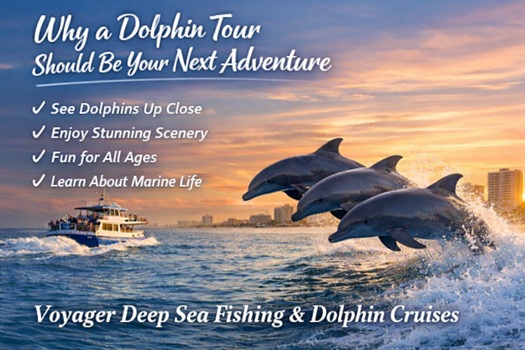 Dolphin tour in Myrtle Beach SC Ad for dolphin tours with jumping dolphins, boat, and list of tour benefits against a sunset.