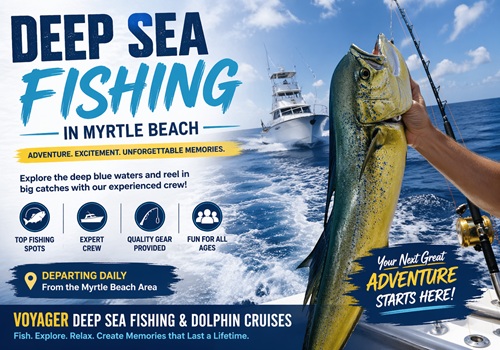 Fishing brochure featuring a person holding a large fish on a boat with a yacht in the background.