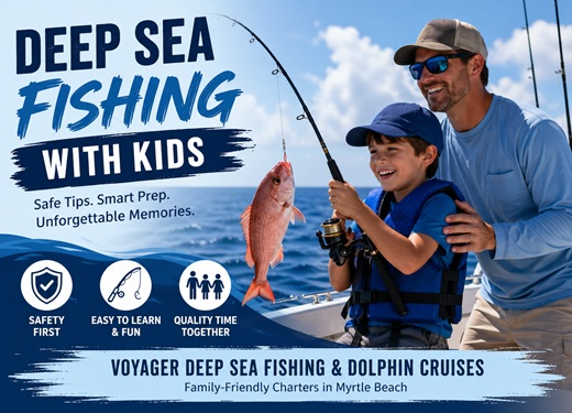 Father and son fishing on a boat, displaying a caught fish.