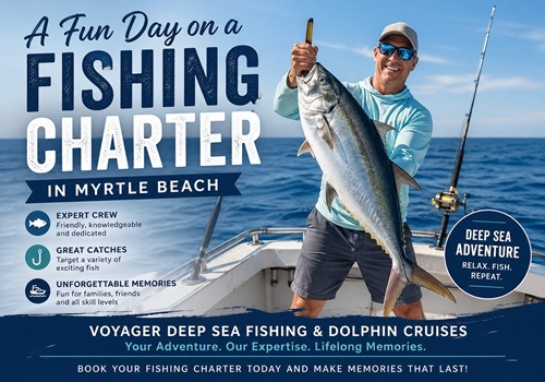 Man smiling with a large fish on a boat promoting Myrtle Beach fishing charters.