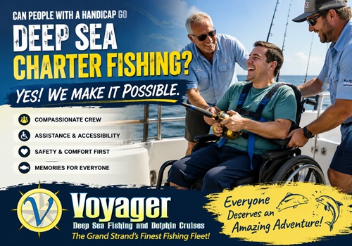 Crew assists smiling man in wheelchair on a fishing boat under a banner for deep sea charter fishing.
