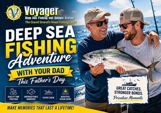 deep sea fishing in Myrtle Beach SC Two men smiling, holding a fish on a fishing boat. Text: 'Deep Sea Fishing Adventure With Your Dad This Father's Day'.