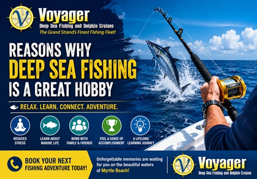 Deep sea fishing ad with a person reeling in a fish and reasons why it’s a great hobby.