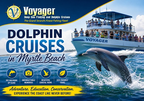 Boat labeled Voyager, dolphin leaping nearby, promoting Myrtle Beach dolphin cruises.